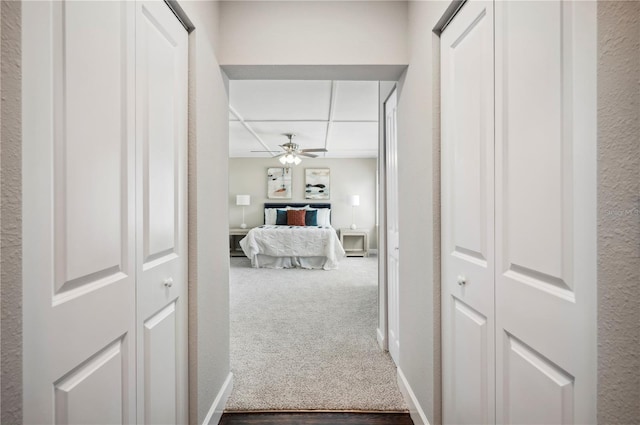 corridor featuring carpet floors, a drop ceiling, and baseboards