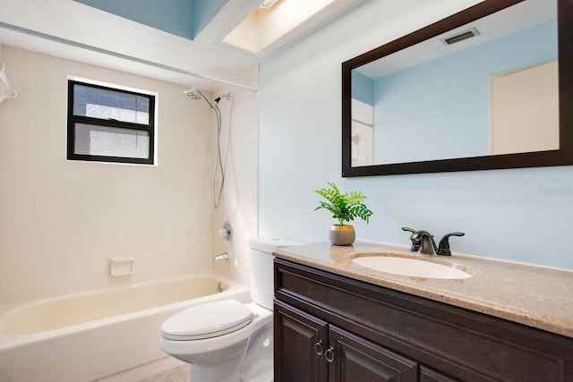 full bathroom with toilet, shower / bath combination, visible vents, and vanity