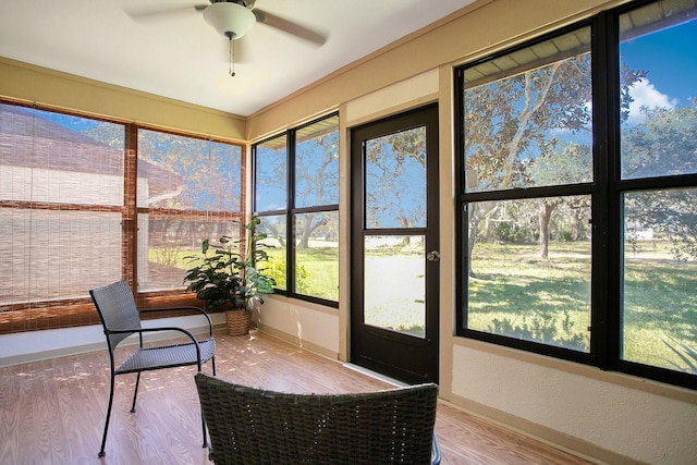 sunroom / solarium featuring a ceiling fan