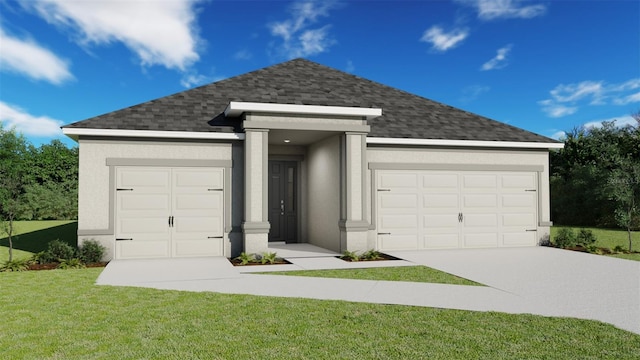 ranch-style home featuring roof with shingles, stucco siding, a front yard, a garage, and driveway