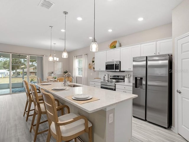 kitchen featuring appliances with stainless steel finishes, white cabinets, visible vents, and a sink