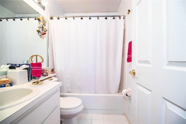 bathroom with toilet, shower / tub combo, tile patterned flooring, and vanity