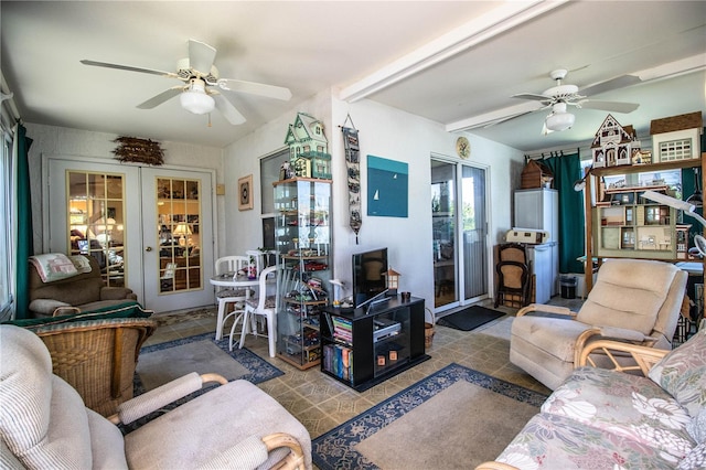 living room with a ceiling fan, french doors, and beam ceiling