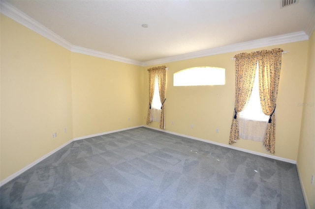 spare room with baseboards, carpet floors, a healthy amount of sunlight, and crown molding