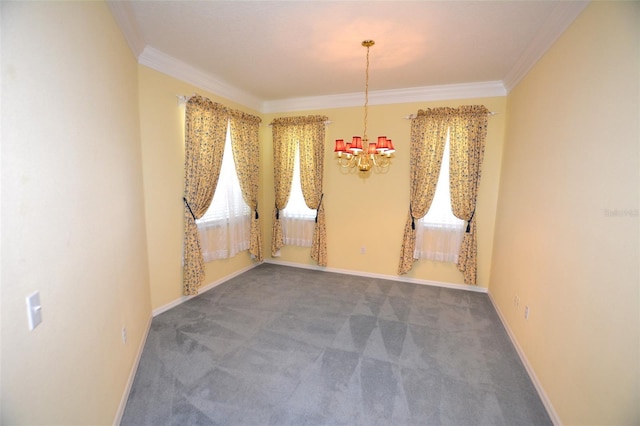 unfurnished dining area with a chandelier, carpet flooring, crown molding, and baseboards