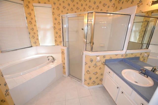 full bath featuring wallpapered walls, tile patterned flooring, a bath, and a shower stall