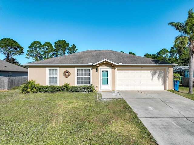 ranch-style house with fence, driveway, an attached garage, stucco siding, and a front lawn