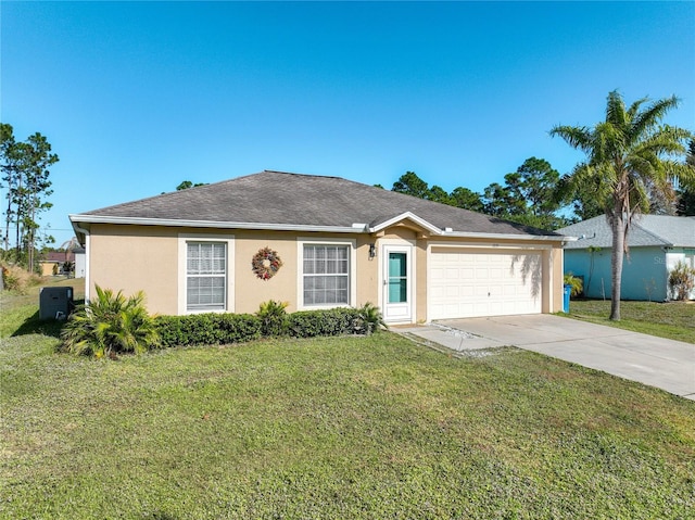 ranch-style house with a shingled roof, a front yard, stucco siding, driveway, and an attached garage