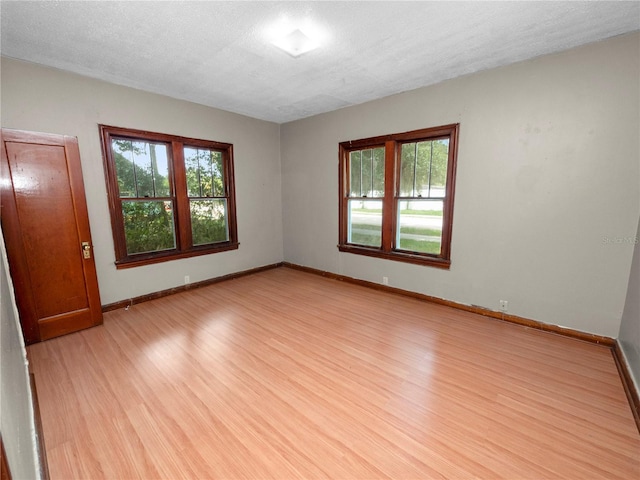 empty room with baseboards, a textured ceiling, a wealth of natural light, and light wood-style floors