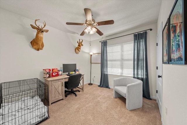 office space with baseboards, a textured ceiling, and light colored carpet