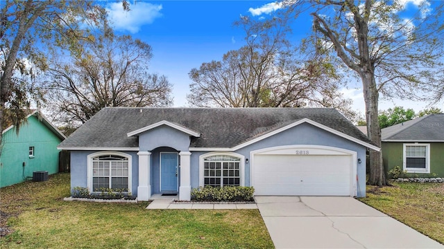 single story home featuring stucco siding, a shingled roof, central AC unit, a front yard, and a garage