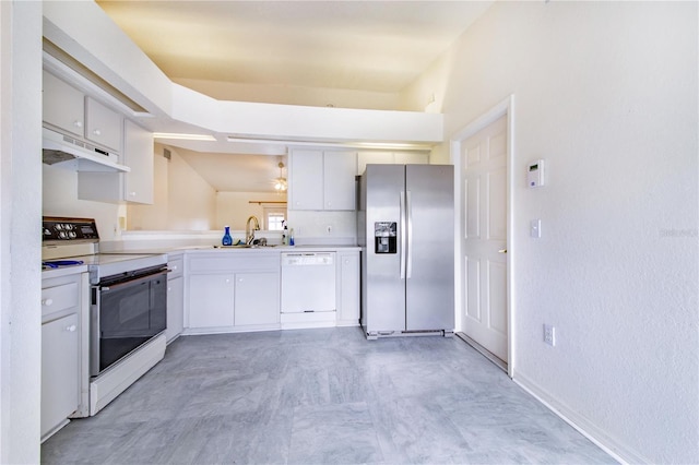 kitchen with light countertops, white appliances, white cabinets, and under cabinet range hood