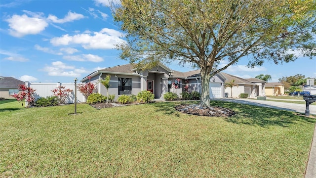 view of front of house with a garage, fence, driveway, stucco siding, and a front yard