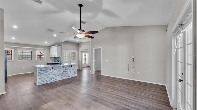 kitchen featuring light countertops, plenty of natural light, dark wood finished floors, and visible vents