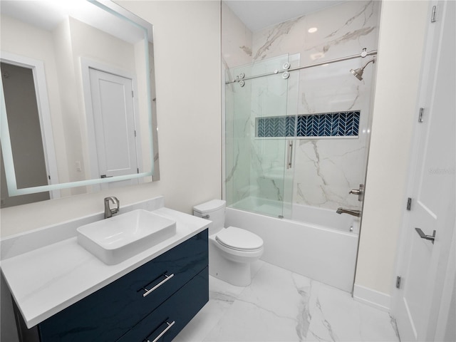 bathroom with marble finish floor, shower / bath combination with glass door, vanity, and toilet