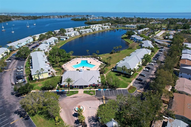 birds eye view of property featuring a water view