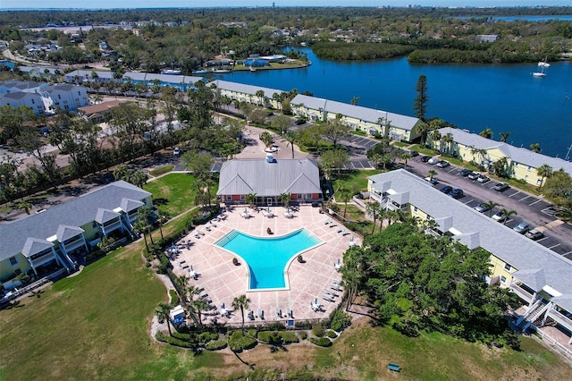 bird's eye view with a water view