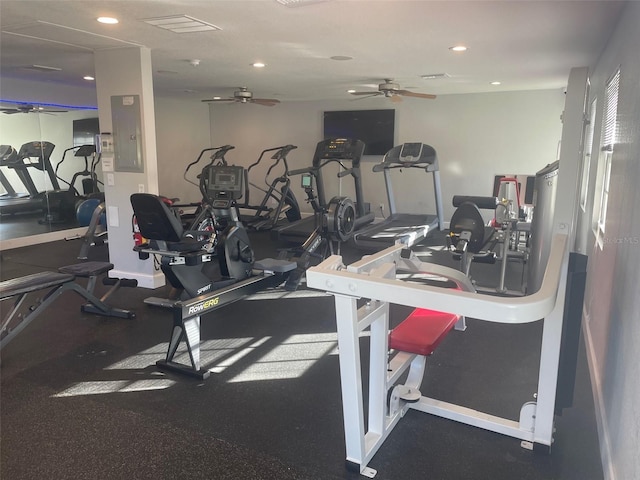 workout area featuring recessed lighting, baseboards, and ceiling fan