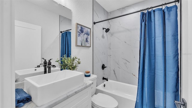 full bathroom with vanity, toilet, and shower / bathtub combination with curtain