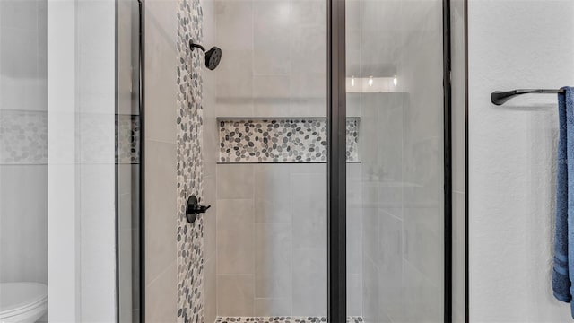 bathroom featuring toilet and a shower stall