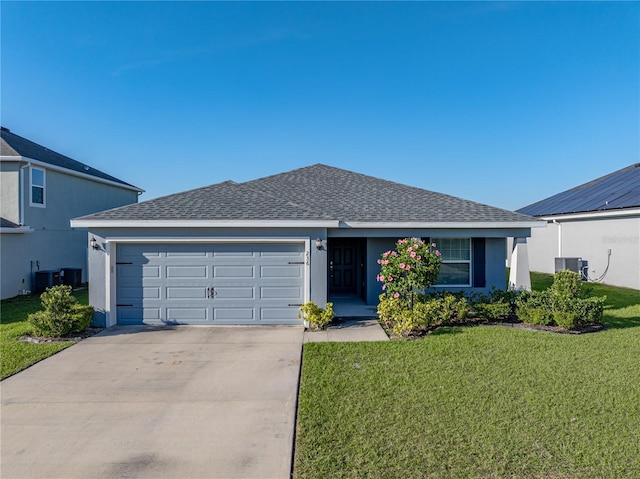 single story home featuring roof with shingles, driveway, stucco siding, a front lawn, and a garage