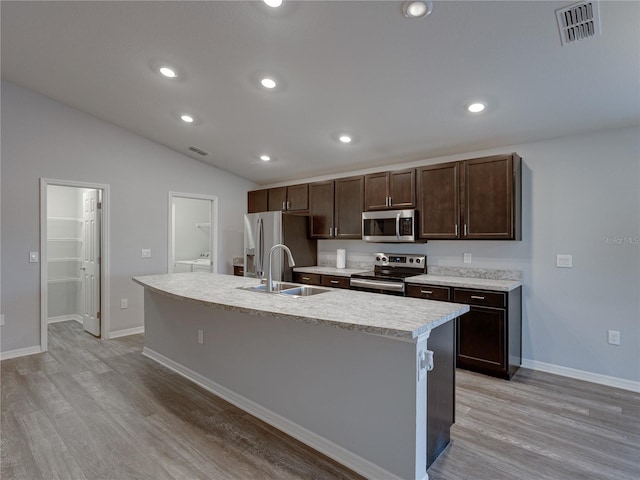 kitchen featuring visible vents, a sink, light countertops, dark brown cabinets, and appliances with stainless steel finishes