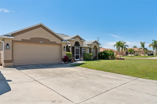 ranch-style home featuring an attached garage, driveway, a front lawn, and stucco siding