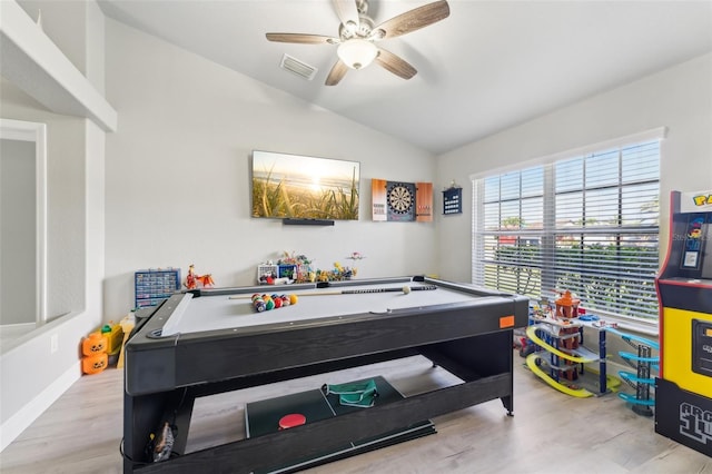 recreation room with pool table, visible vents, ceiling fan, vaulted ceiling, and wood finished floors