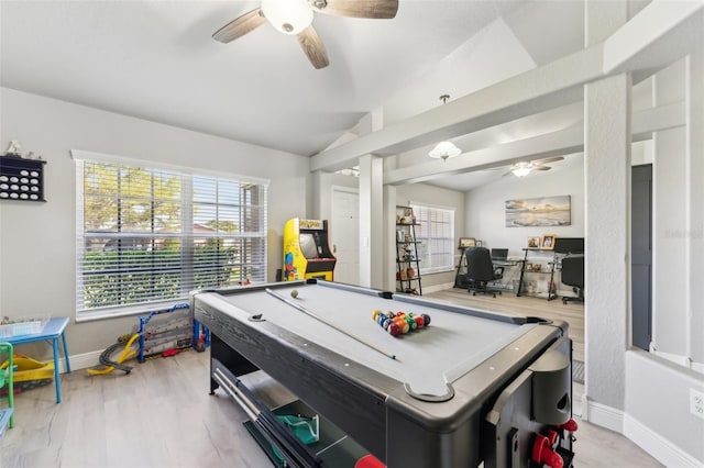 recreation room with lofted ceiling, a healthy amount of sunlight, and billiards