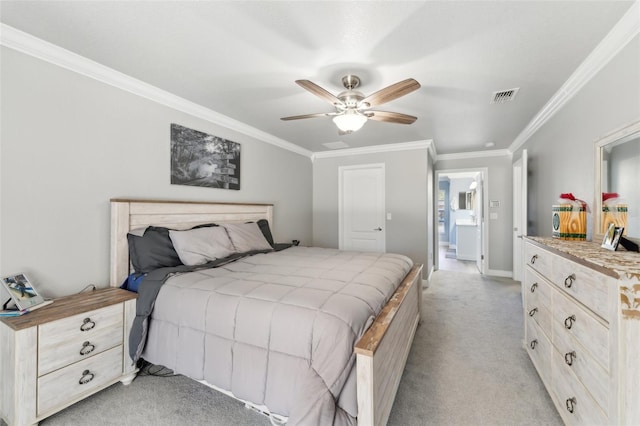 bedroom featuring crown molding, light colored carpet, visible vents, ceiling fan, and baseboards