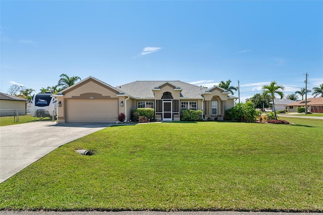 single story home featuring stucco siding, an attached garage, fence, driveway, and a front lawn