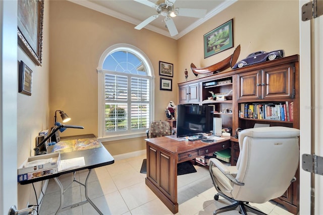 home office featuring a ceiling fan, crown molding, baseboards, and light tile patterned floors