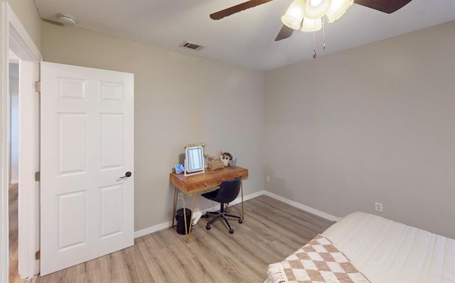 bedroom featuring light wood-type flooring, visible vents, and baseboards