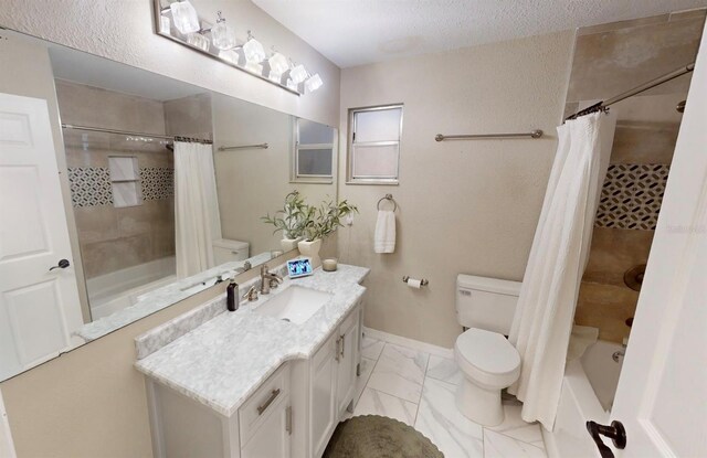 bathroom featuring baseboards, toilet, shower / tub combo with curtain, marble finish floor, and vanity