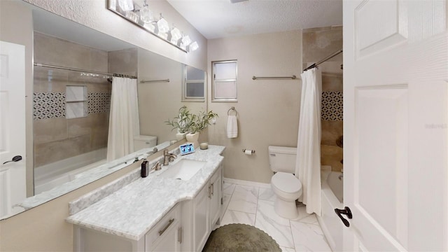 bathroom featuring marble finish floor, baseboards, toilet, and shower / bath combo with shower curtain