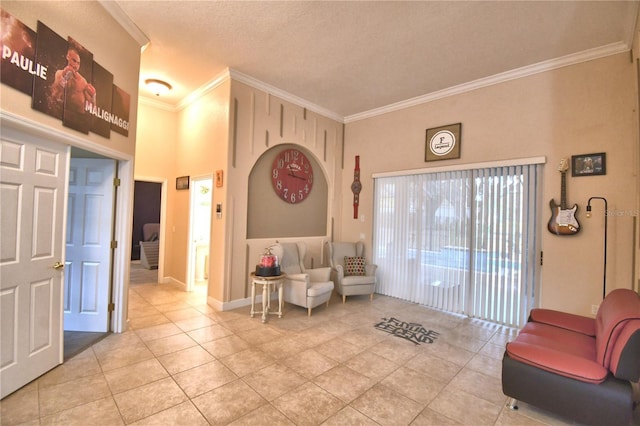 living area featuring crown molding, a textured ceiling, baseboards, and light tile patterned floors