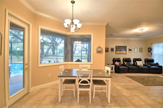 dining room with an inviting chandelier, baseboards, light tile patterned floors, and ornamental molding