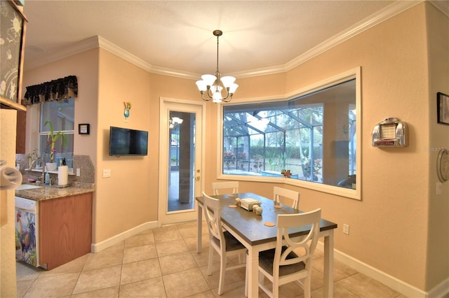 dining space with baseboards, light tile patterned flooring, an inviting chandelier, and crown molding