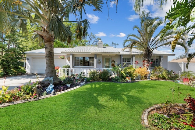 ranch-style house with a garage, metal roof, covered porch, a front yard, and stucco siding