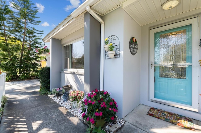 doorway to property with stucco siding