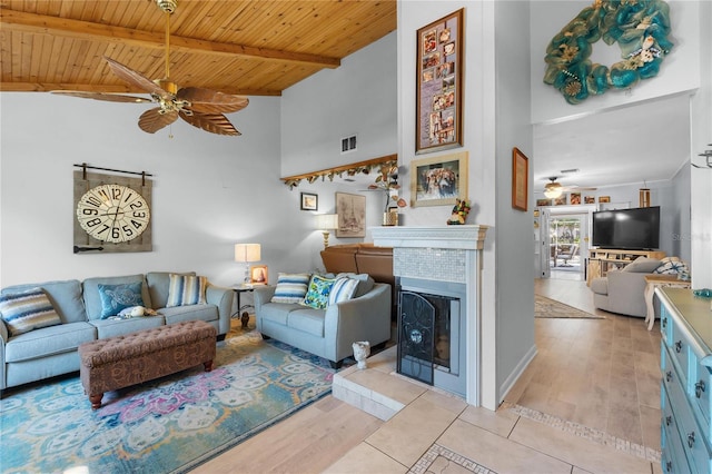 living room featuring high vaulted ceiling, wood ceiling, visible vents, beamed ceiling, and a tiled fireplace