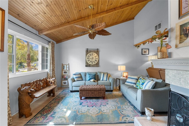 living area featuring lofted ceiling with beams, ceiling fan, wooden ceiling, wood finished floors, and visible vents