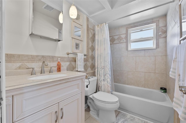 full bath featuring tile walls, visible vents, shower / bathtub combination with curtain, toilet, and vanity