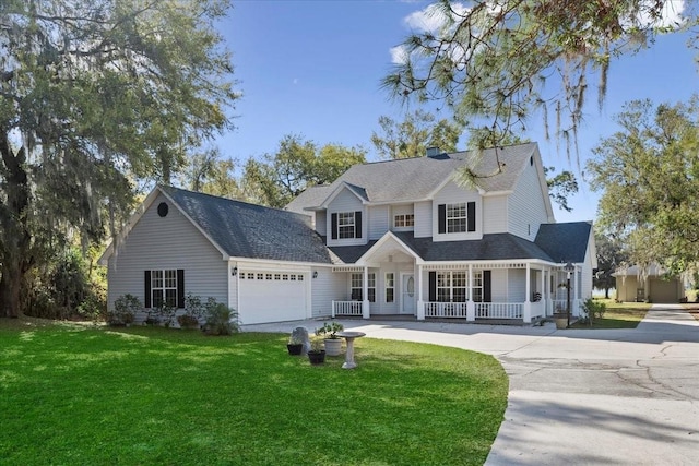 view of front of property with a front yard, covered porch, driveway, and an attached garage