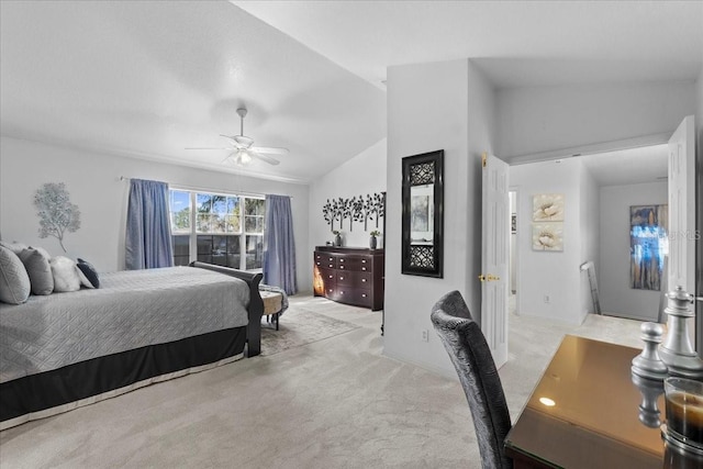 bedroom with light carpet, a ceiling fan, and lofted ceiling