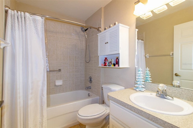 full bath with vanity, toilet, and shower / bathtub combination with curtain