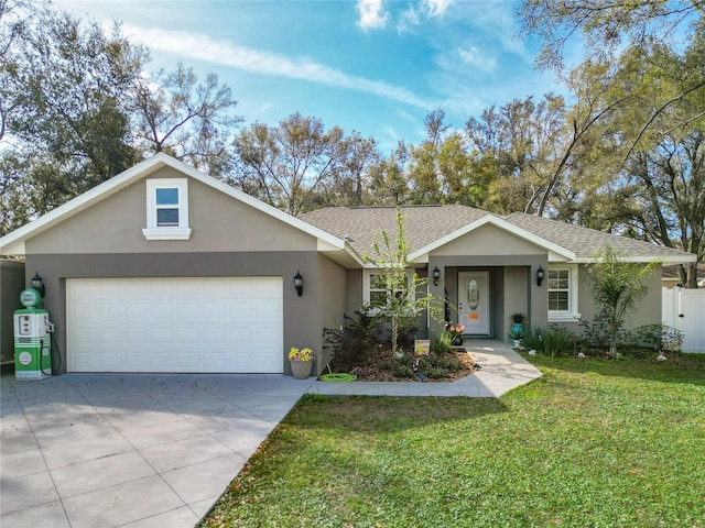 single story home featuring stucco siding, a shingled roof, concrete driveway, a front yard, and a garage