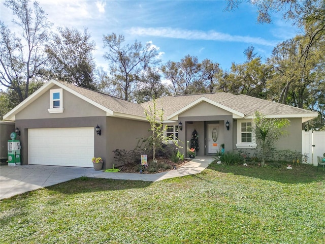 ranch-style house with a garage, driveway, a front lawn, and stucco siding