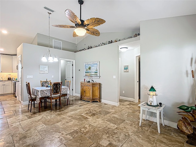 dining space featuring high vaulted ceiling, visible vents, baseboards, and ceiling fan with notable chandelier