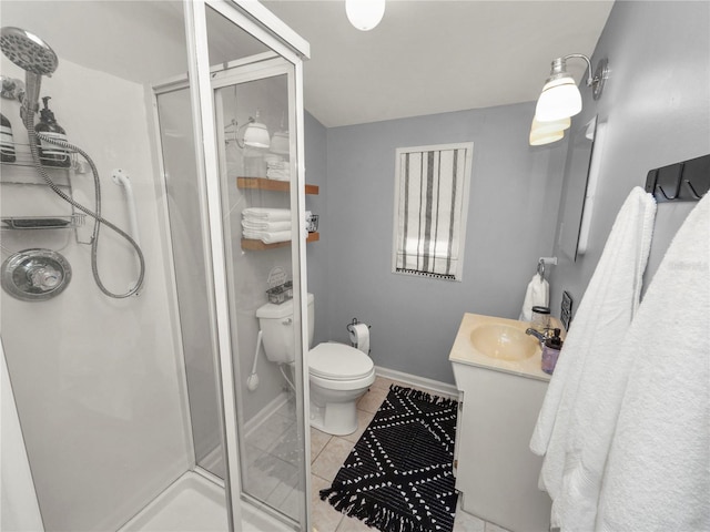 full bath featuring toilet, a stall shower, tile patterned flooring, and vanity